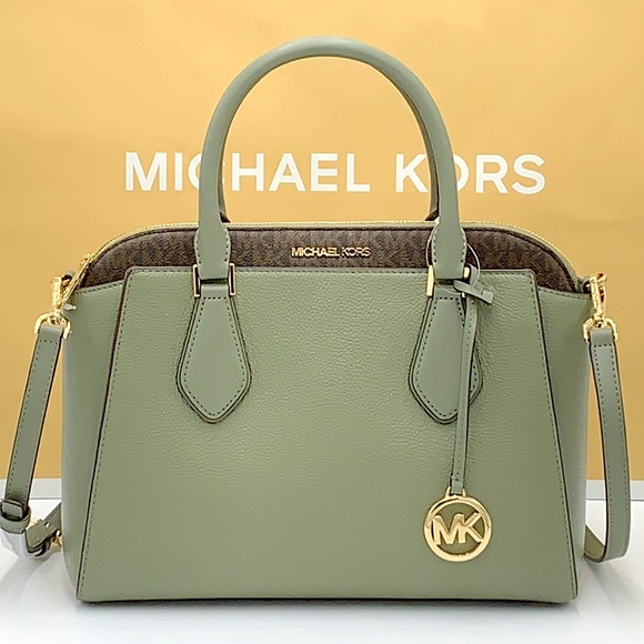 MICHAEL KORS DARIA LARGE SATCHEL ARMY GREEN COLOR/BROWN SIGNATURE - Picture 1 of 15